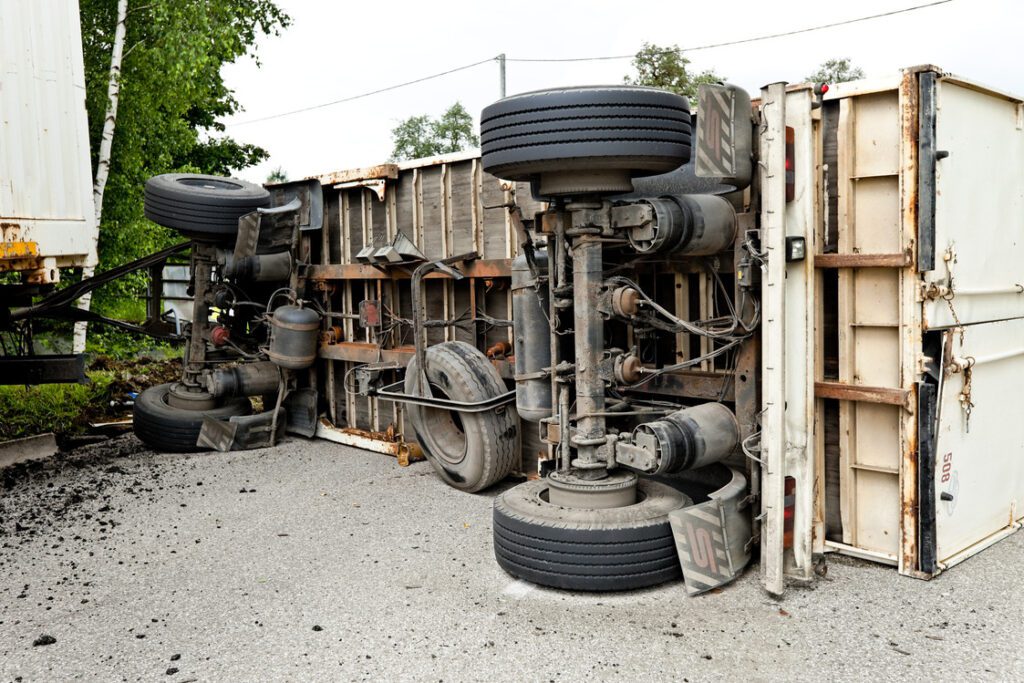 truck accident. overturned truck accident.